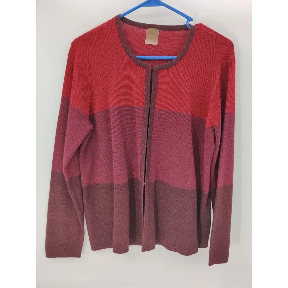 Anne Klein Womens Red Burgundy Colorblock Metallic Knit Open Front Cardigan L